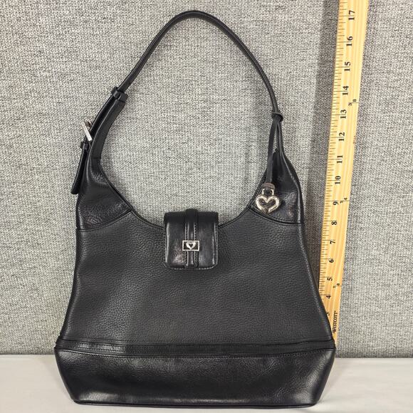 BRIGHTON WOMEN'S BLACK DANIA LEATHER HANDBAG HEART CHARM FLAP CLOSURE 14X11X5 - Picture 13 of 15